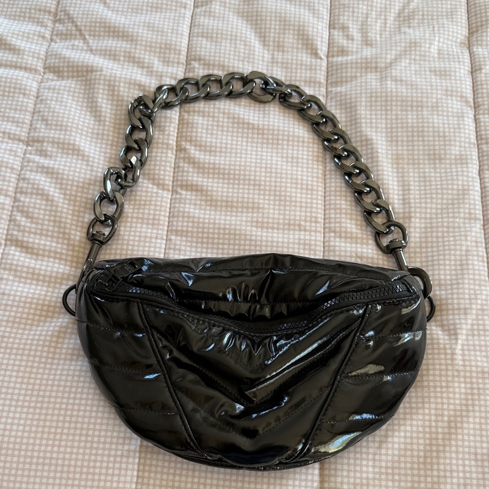 THINK ROYLN Shiny Black Shoulder Bag with Chain Strap